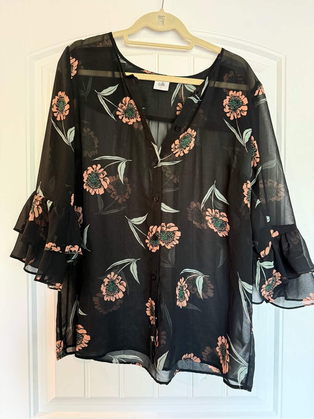CAbi Black Sheer Floral Button-Front Blouse with Peach Flowers
